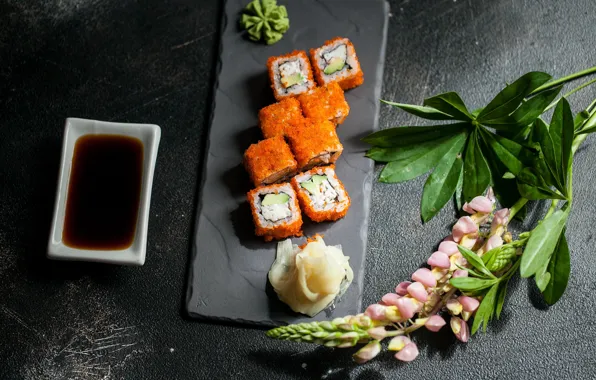 Flowers, rolls, soy sauce, Lupin