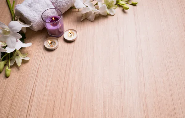 Stones, towel, candles, Orchid, Spa