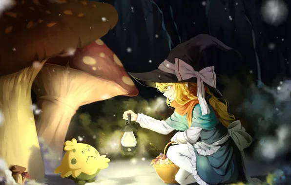 Forest, snow, night, mushrooms, meeting, mushroom, scarf, lantern