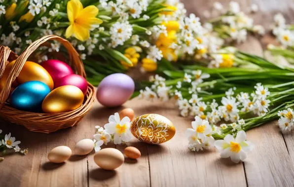 Flowers, eggs, spring, colorful, Easter, flowers, spring, Easter