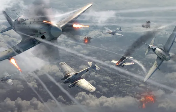 The sky, clouds, war, smoke, fighter, bomber, Art, OKB