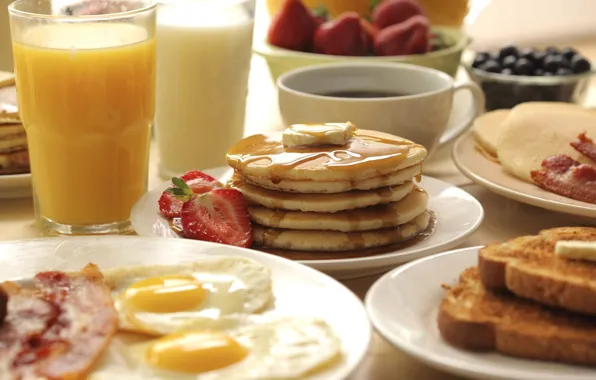Coffee, Breakfast, strawberry, juice, scrambled eggs, pancakes