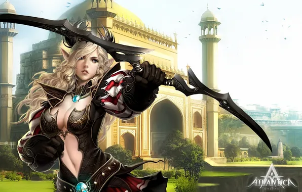 Girl, the city, bow, Archer, art, Palace, Atlantica Online