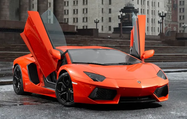 The building, orange, door, car, front view, Lamborghini, orange, aventador