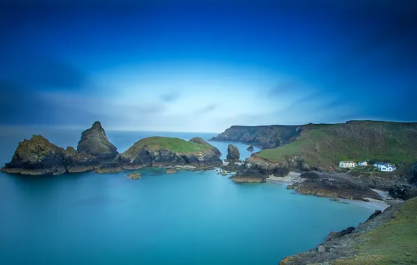 Sea, the sky, clouds, mountains, rocks, home, the evening