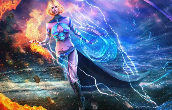 Water, girl, storm, fire, magic, art, Guild Wars 2, elementalist