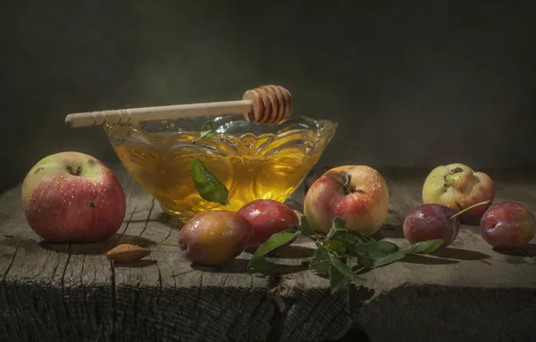 Apples, Board, honey, spoon, fruit, still life, honey, plum