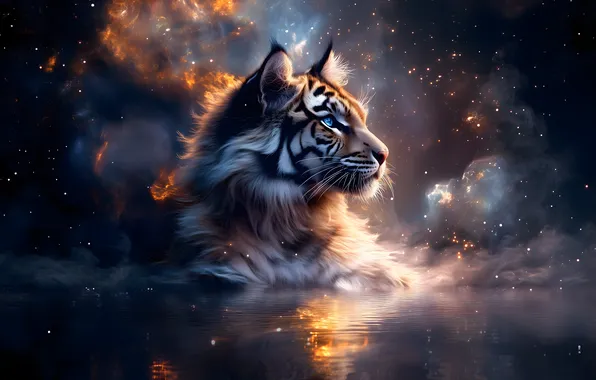Water, light, tiger, fog, smoke, couples, AI art, neural network
