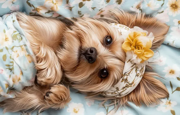 Flower, look, flowers, yellow, pose, legs, dog, blanket