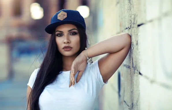 White, portrait, makeup, brunette, t-shirt, hairstyle, cap, is