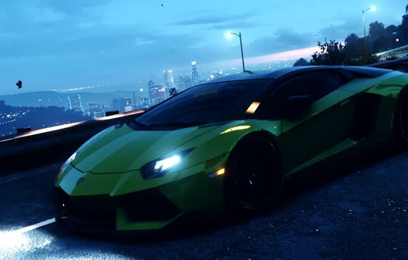 City, green, lamborghini, nfs, aventador, brembo, hre, Need For Speed 2015
