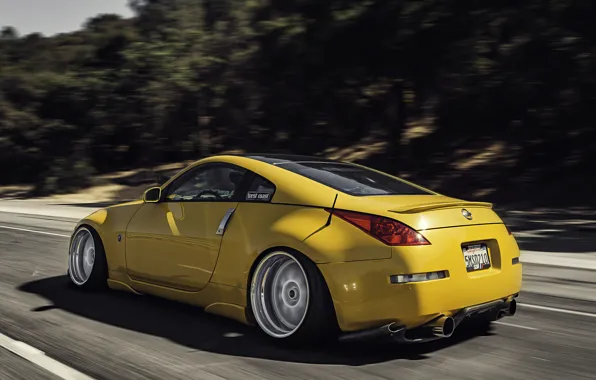 Road, yellow, speed, Nissan, 350z, Nissan, stance, in motion