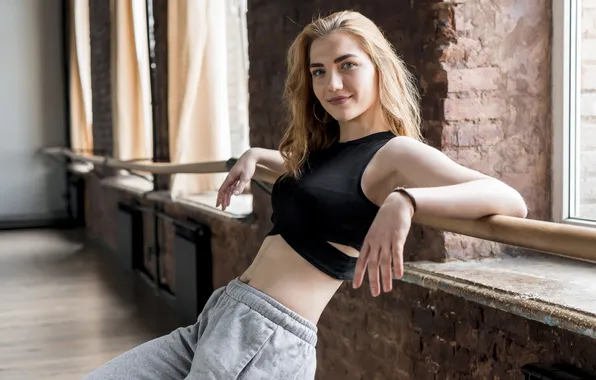 Picture woman, young, blonde, smiling, portrait, leaning, bar