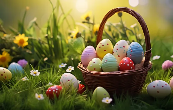 Flowers, basket, glade, eggs, spring, colorful, Easter, happy