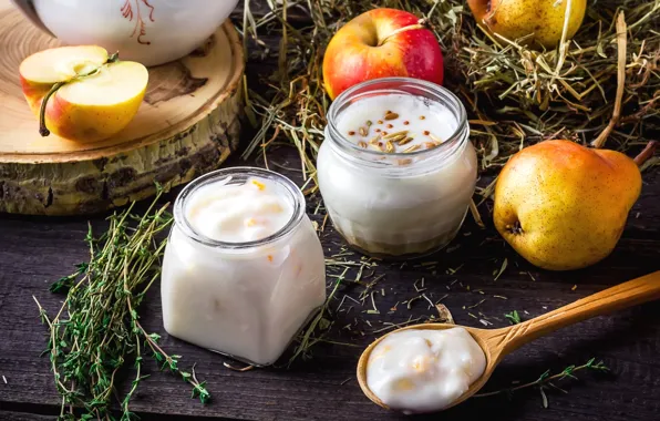 Picture apples, yogurt, pear