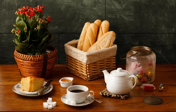 Coffee, kettle, bread, candy, Cup, sugar, still life, muffin