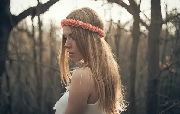 Girl, forest, blouse, eyes, bokeh, lips, hair, sunlight