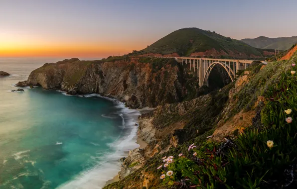 Picture bridge, the ocean, coast, CA, Pacific Ocean, California, The Pacific ocean, Bixby Bridge