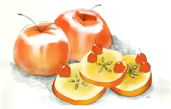 Picture bird, on the table, slices of apples, red apples, by drawing chisanne