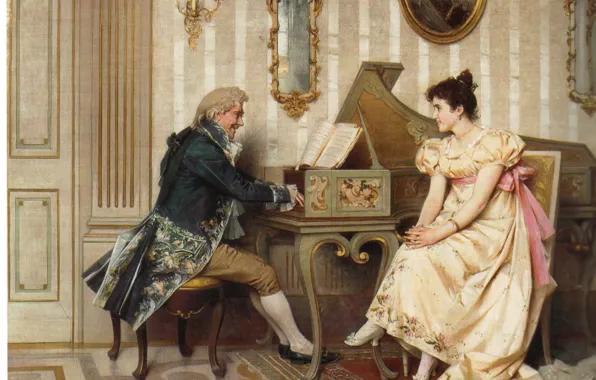 Picture portrait, piano, a man and a woman, CECCHI, The serenade