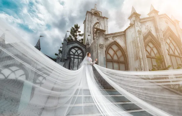 The sky, girl, clouds, pose, castle, white, the rise, the building
