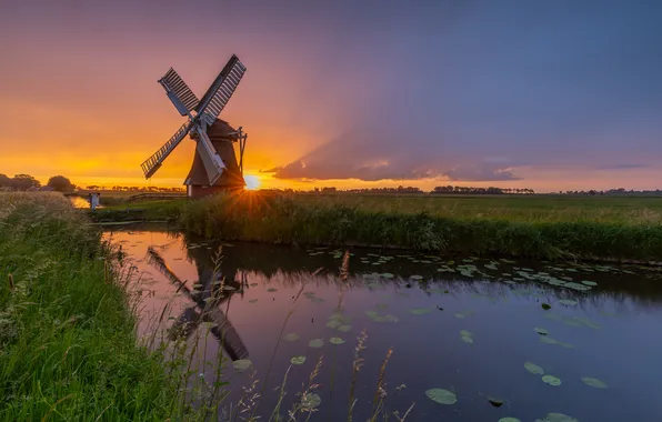 Field, sunset, dawn, channel, pond, Bank, windmill