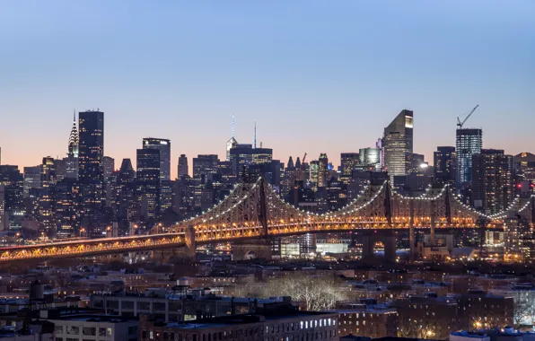 Bridge, lights, river, home, New York, the evening, USA, Manhattan