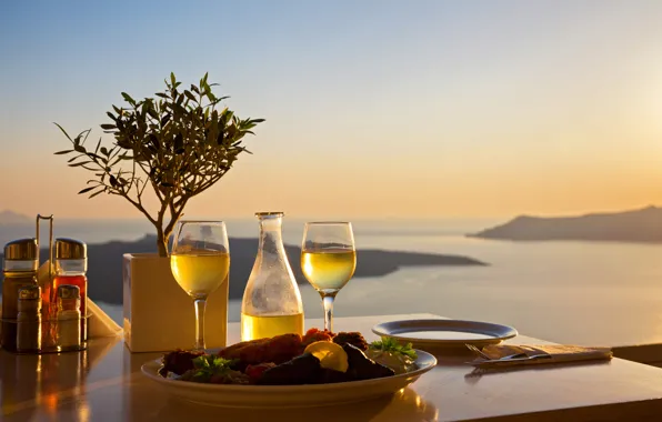 Sea, landscape, sunset, table, food, glasses, plates, serving