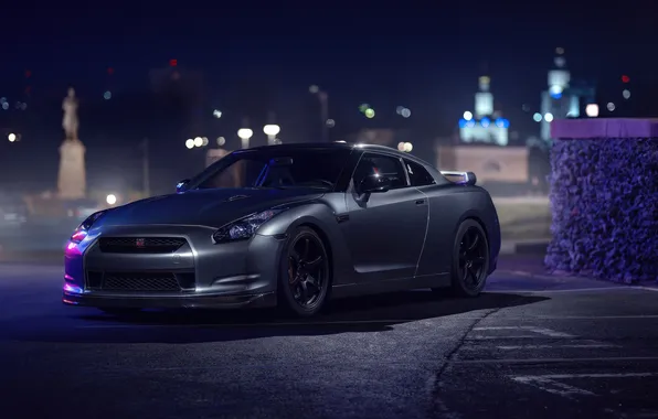 Nissan, night, Nissan GT-R, vehicle, depth of field, silver cars, low light, supercars