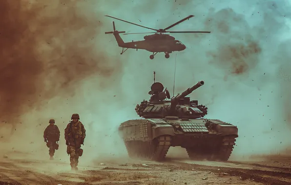 Picture Dust, Smoke, Retro, Helicopter, Soldiers, Tank, Digital art, AI art
