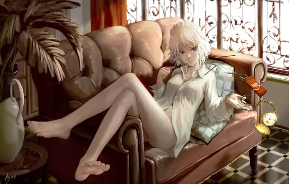 Girl, room, sofa, watch, cookies, pillow, shirt, pack