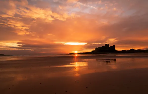 Sea, the sky, the sun, clouds, sunset, castle, shore, the evening