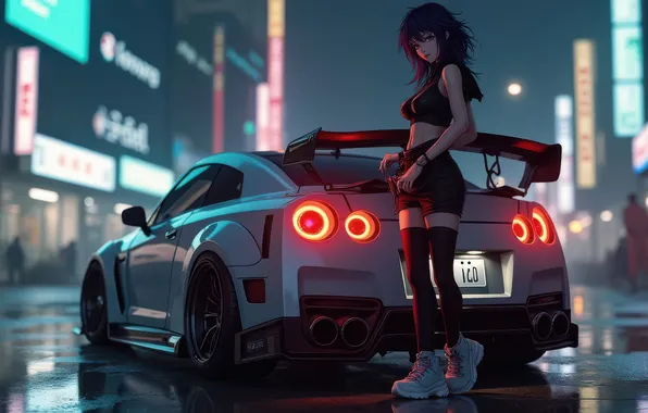 Girl, City, Nissan, Anime, Nissan GTR, Town, Anime Girl, AI Art