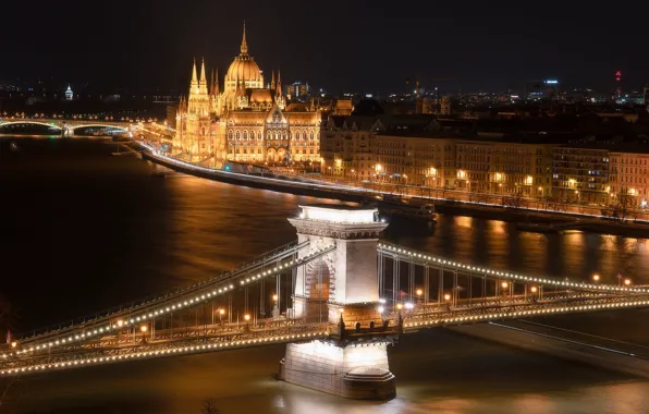 Night, bridge, the city, lights, river, Hungary, Budapest