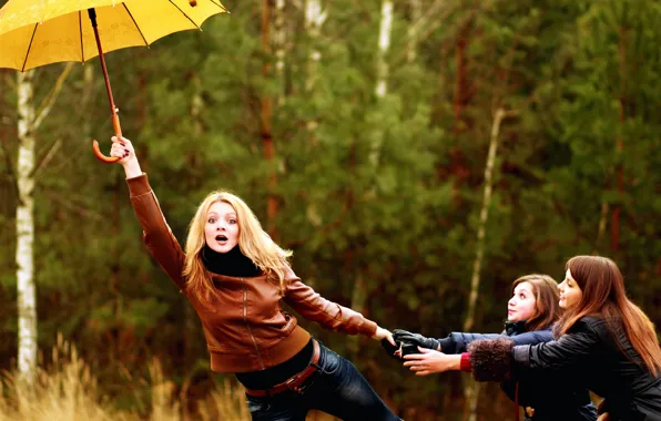 Picture forest, girl, nature, the wind, umbrella, blonde, brown hair, trio