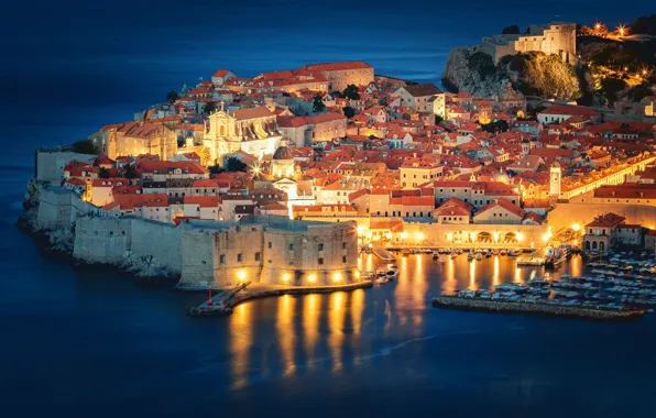 Picture sea, building, home, fortress, night city, Croatia, Croatia, Dubrovnik
