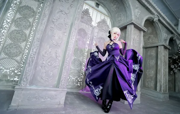 Awesome, cosplay, purple, cute, white hair, temple, saber age, slim