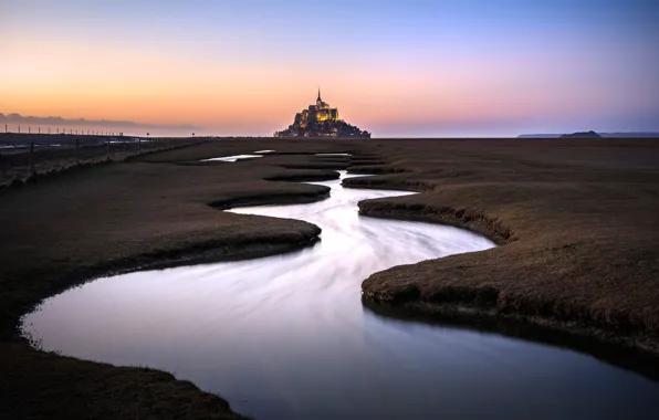Water, river, France, fence, meadow, the monastery, Normandy, The Channel