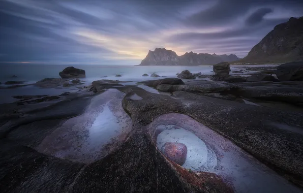 Sea, beach, clouds, mountains, fog, stones, rocks, shore