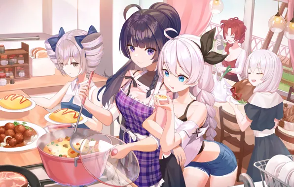Girls, food, kitchen, Honkai Impact 3rd, Kiana Kaslana, Bronya Zaychik, Raiden Mei, Theresa Apocalypse