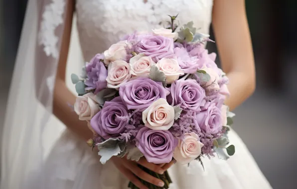 Girl, flowers, roses, bouquet, hands, white, the bride, white dress