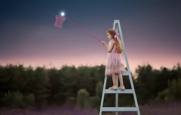 Trees, dreams, ladder, the net, starry sky, little girl, dress, Yulia Ovadchuk