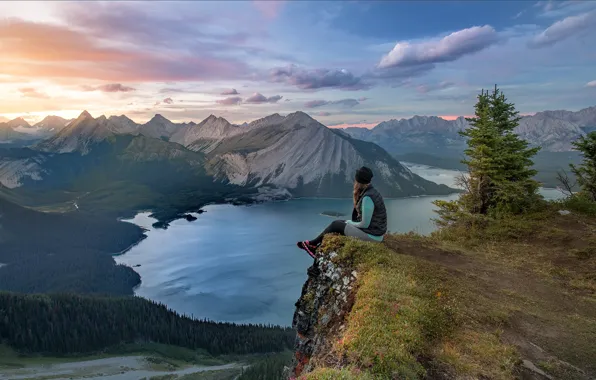 Forest, the sky, girl, mountains, lake, Canada, the view from the top, Evgeny