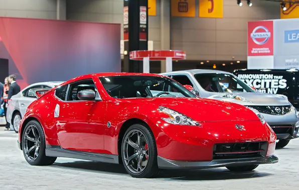 Nissan, sport, red, 370, sleek, vehicle, show, transportation