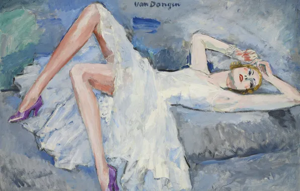 Picture oil, dress, blonde, canvas, 1921, Kees van Dongen, Purple shoes, the girl on the bed