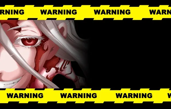 Red eyes, police tape, Deadman Wonderland, in the dark, Wonderland suicide, evil eye, Shiro, hell …