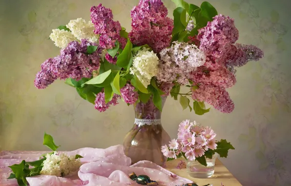 Picture bouquet, spring, candy, fabric, vase, lilac