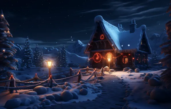 Picture winter, snow, night, lights, New Year, Christmas, house, house