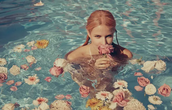 Picture water, girl, flowers, face, sexy, background, model, sexy