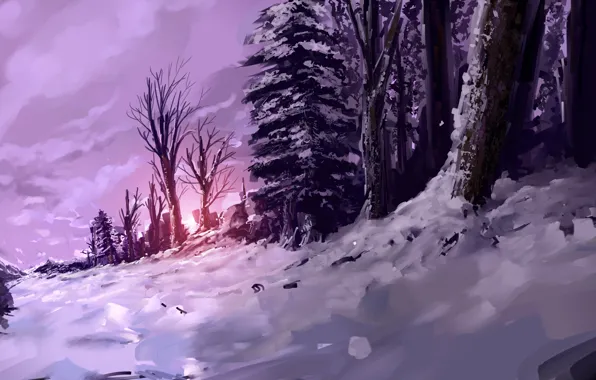 Winter, forest, snow, sunset, art
